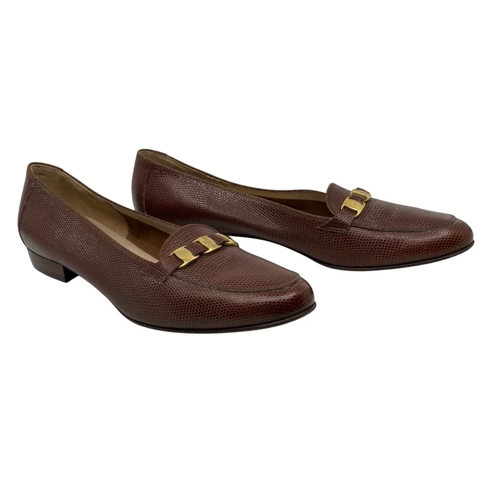 Salvatore Ferragamo Boutique Brown Lizard Embossed Leather‎ Loafers Size 9.5 2A